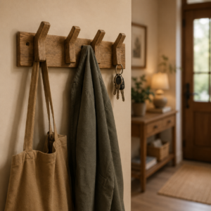 Appendiabiti da parete in legno chiaro con quattro ganci, appeso a una parete beige, con borsa e giacca.