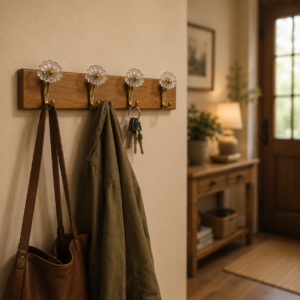 Appendiabiti da parete in legno chiaro con quattro ganci in ottone e pomelli in vetro trasparente a forma di fiore, con borsa e giacca appese.