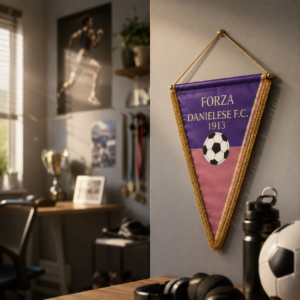Gagliardetto triangolare viola e rosa con scritta "Forza Danielese F.C. 1913" e pallone da calcio, bordato in oro, appeso a una parete.