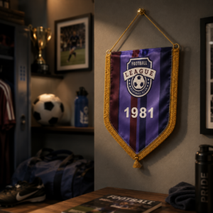 Gagliardetto da calcio vintage "Football League 1981" appeso a una parete, con frange dorate e colori viola e bordeaux.