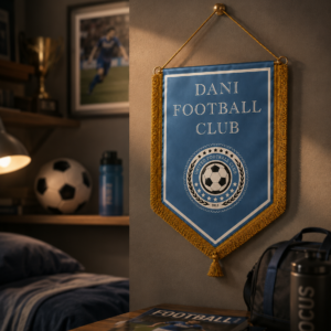 Gagliardetto blu con frange dorate e logo "Dani Football Club" appeso a una parete, con dettagli di una stanza sullo sfondo.