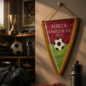 Gagliardetto triangolare bordeaux e verde con scritta "Forza Danielese F.C. 1913" e pallone, appeso a parete.