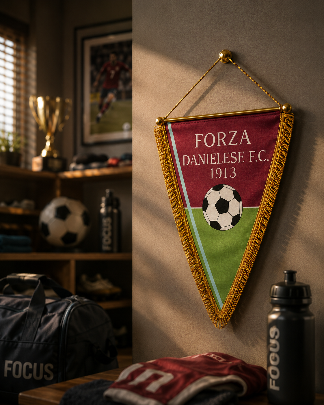 Gagliardetto triangolare bordeaux e verde con scritta "Forza Danielese F.C. 1913" e pallone, appeso a parete.