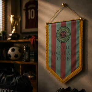 Gagliardetto da calcio del 'Sevil Football Club' a strisce verdi e bordeaux con frange dorate, appeso a una parete.