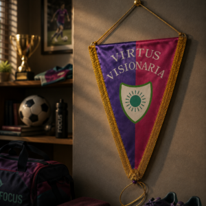 Gagliardetto triangolare bicolore viola e magenta con stemma "Virtus Visionaria" e frange dorate, appeso a una parete.