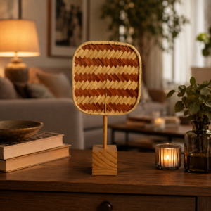 Ventaglio decorativo in bambù intrecciato bicolore su base di legno chiaro, posizionato su un tavolo di legno scuro in un ambiente interno.