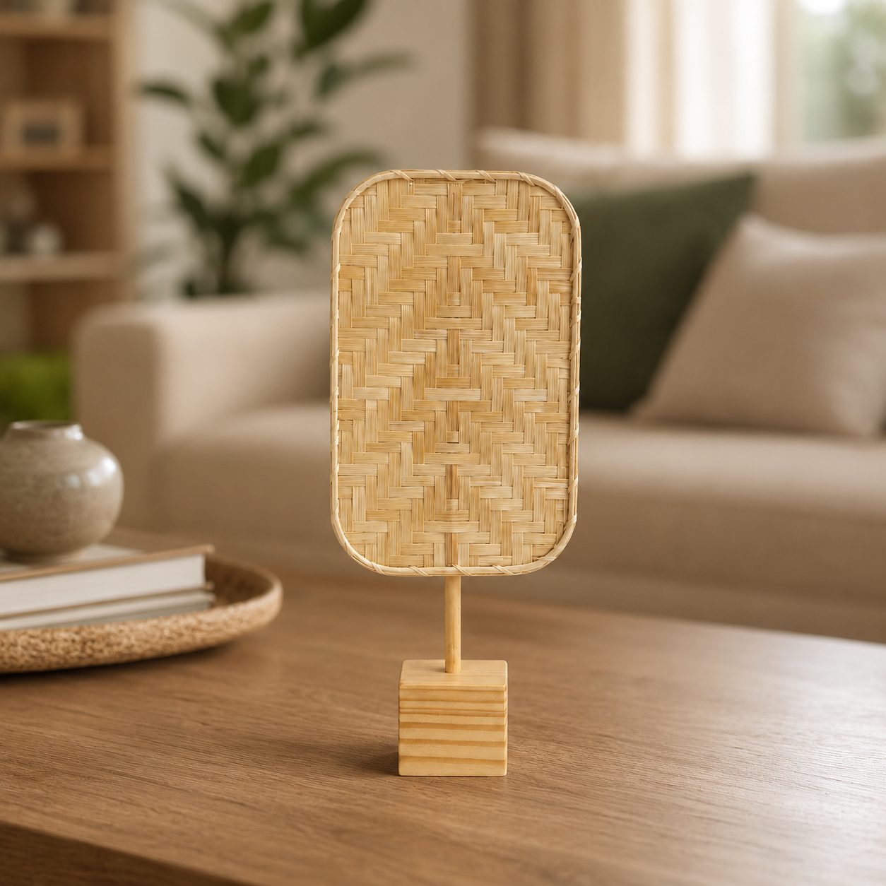 Elemento decorativo da tavolo in rattan intrecciato di colore naturale, con forma rettangolare e base in legno chiaro.