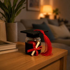 Vasetto di vetro decorato con tocco di laurea nero, nappa rossa e pergamena legata con nastro rosso, su tavolo di legno.
