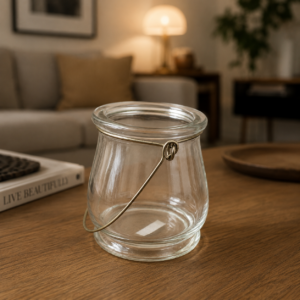 Vaso in vetro trasparente a forma di secchiello con manico in filo metallico, posizionato su un tavolo di legno.