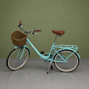 Bicicletta city vintage color celeste pastello con cesto anteriore in vimini, sella marrone e portapacchi posteriore.
