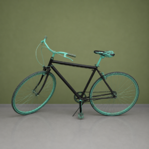 Bicicletta scenografica con telaio nero opaco e dettagli verde menta su sfondo verde oliva e pavimento grigio.