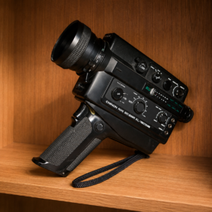 Cinepresa Super 8 Chinon Pacific 60 SMR XL nera vintage con impugnatura a pistola e obiettivo zoom, posizionata su una mensola di legno.