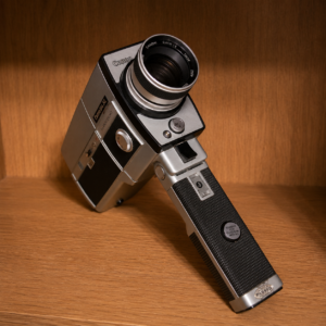 Videocamera Super 8 Canon 814 XL vintage in metallo argentato e nero, con obiettivo zoom e impugnatura, posizionata su una superficie di legno.