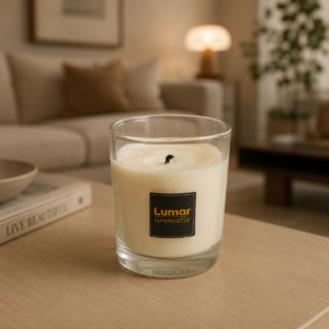 Candela aromatica Lumar in vaso di vetro trasparente con cera color crema e etichetta nera, su un tavolino in legno.