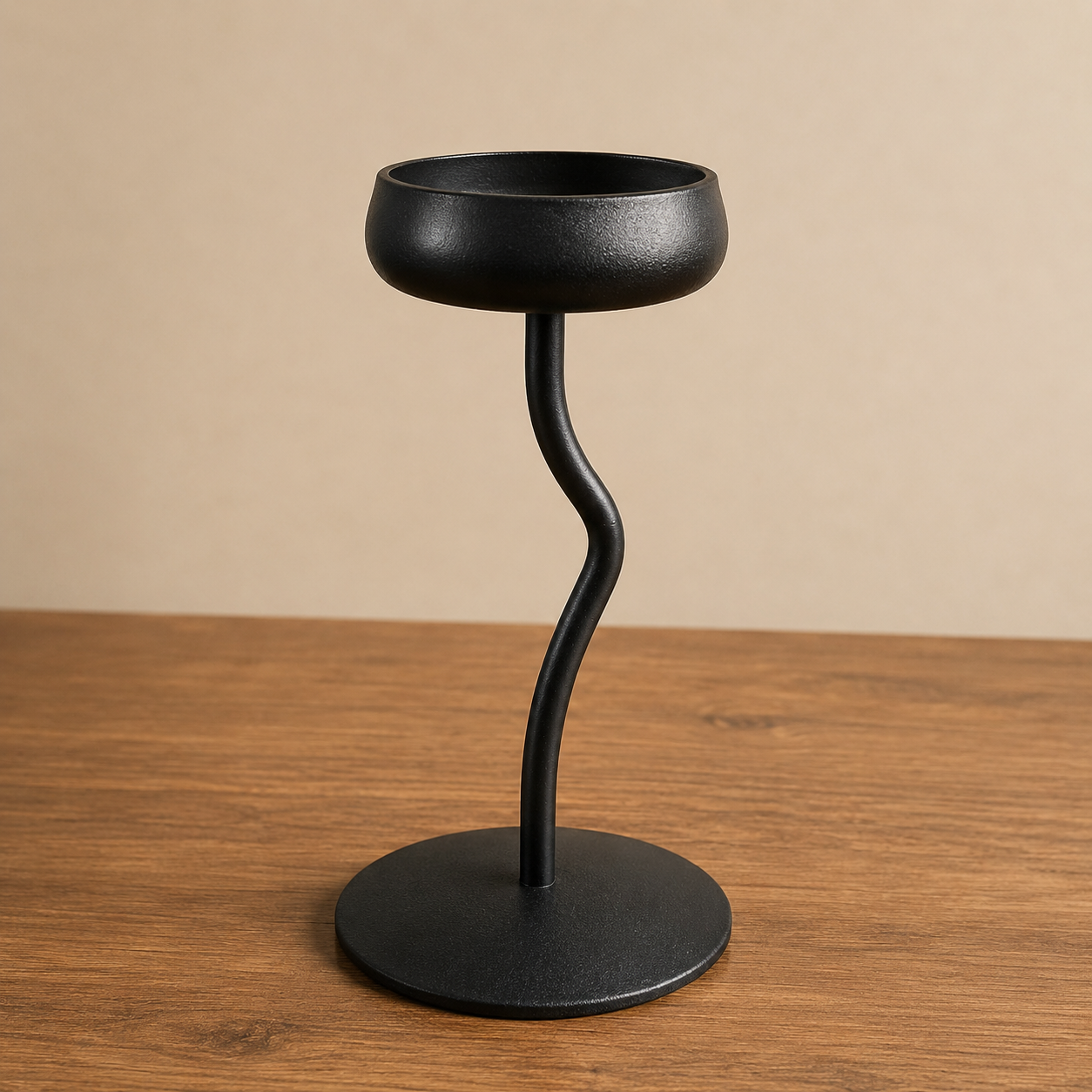 Portacandela Moderno in Metallo Nero con Stelo Ondulato - immagine 2