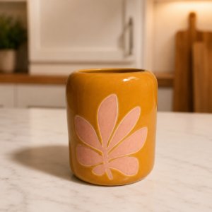 Vaso cilindrico in ceramica giallo senape con un grande motivo a foglia stilizzata rosa tenue, posizionato su un piano di marmo chiaro in una cucina moderna.