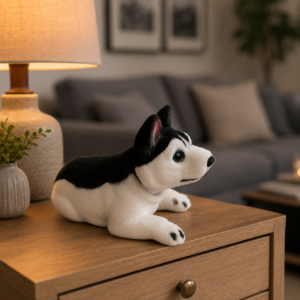 Peluche husky bianco e nero con occhi azzurri, in posa distesa su un comodino di legno in un ambiente domestico.
