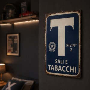 Insegna metallica vintage blu e bianca "Sali e Tabacchi" con la lettera T e stemma italiano, bordi arrugginiti.