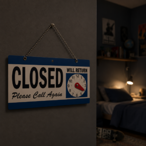 Cartello blu e bianco "CLOSED Please Call Again" con orologio di ritorno appeso a una parete scura, con stanza sfocata sullo sfondo.