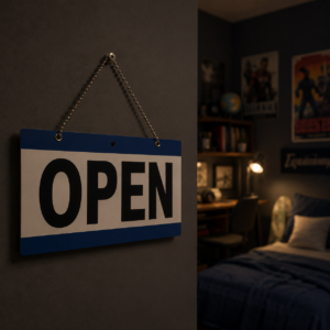 Un cartello rettangolare bianco con la scritta "OPEN" in nero e bordi blu, appeso a una parete scura con una catena metallica.