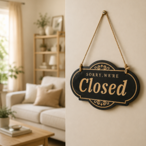 Insegna ovale nera con scritta dorata 'Sorry, we're Closed' e decorazioni classiche, appesa a una parete chiara.