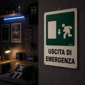 Segnale rettangolare bianco e verde con pittogramma di uscita di emergenza e testo 'USCITA DI EMERGENZA', appeso a una parete scura.