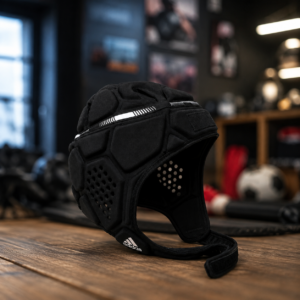 Paracapo da rugby Adidas nero con imbottitura esagonale e fori di ventilazione, posato su un tavolo di legno.