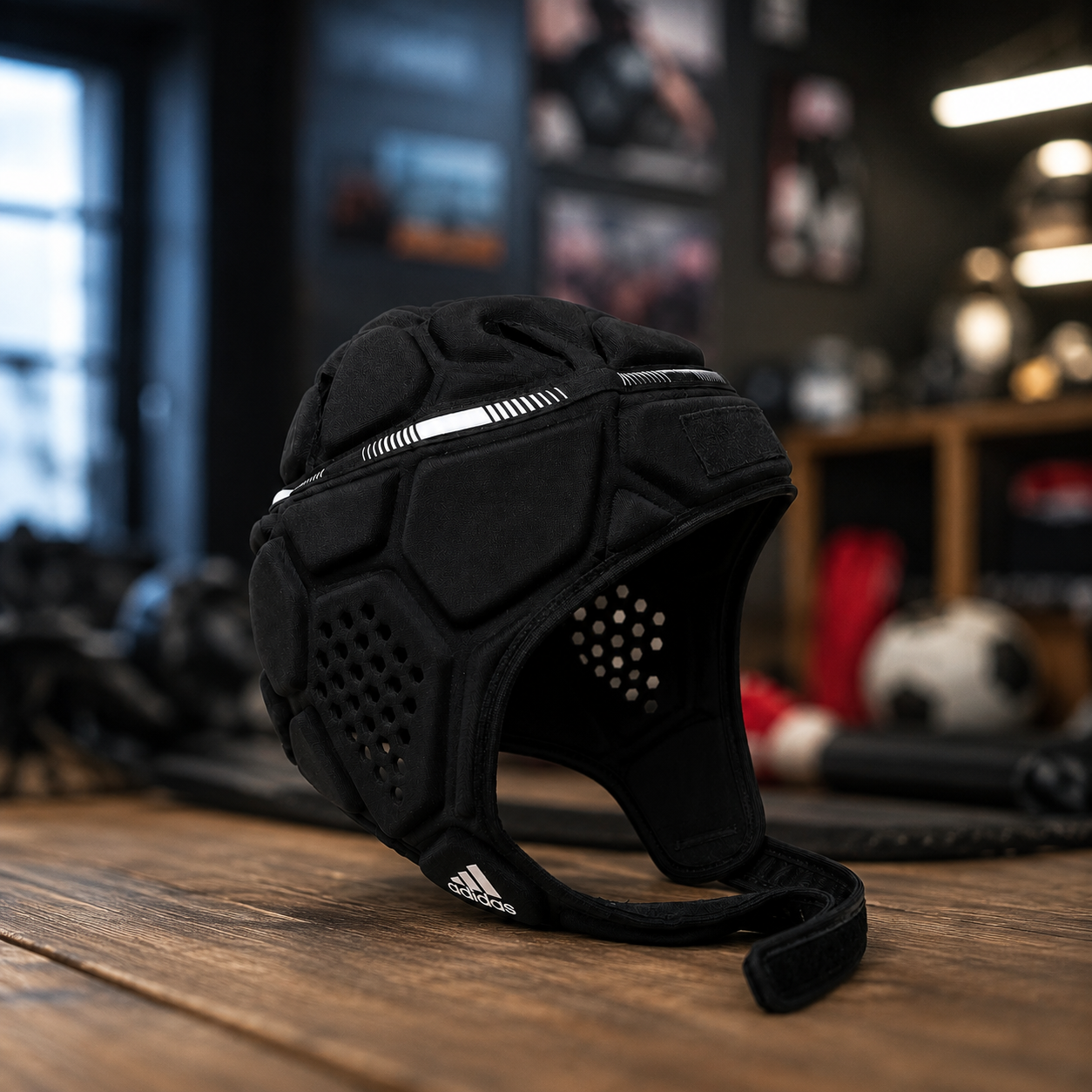 Paracapo da rugby Adidas nero con imbottitura esagonale e fori di ventilazione, posato su un tavolo di legno.