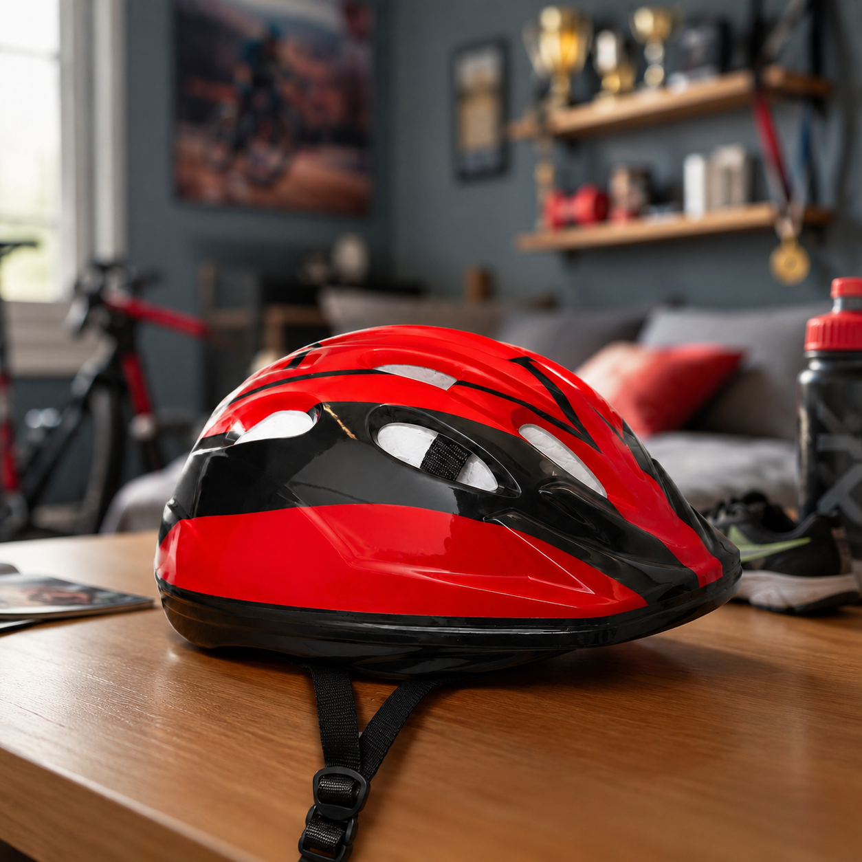Casco da bicicletta rosso e nero con cinghie regolabili, posizionato su un tavolo di legno in un ambiente domestico.