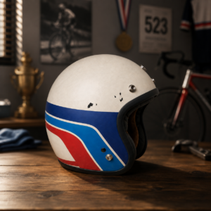 Casco integrale vintage color crema con bande blu e rosse, finitura invecchiata, su tavolo di legno in ambiente sportivo.