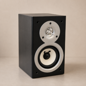 Diffusore acustico da scaffale nero con due altoparlanti frontali, tweeter e woofer, entrambi con anelli argentati.