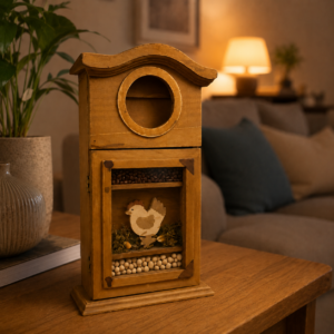 Elemento decorativo in legno chiaro con forma a orologio, finestra espositiva con gallina stilizzata, chicchi di caffè e perline, su tavolo di legno.