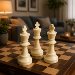 Un set di scacchi classico con scacchiera in legno marrone e tre pezzi del Re bianchi in primo piano, in un ambiente domestico.