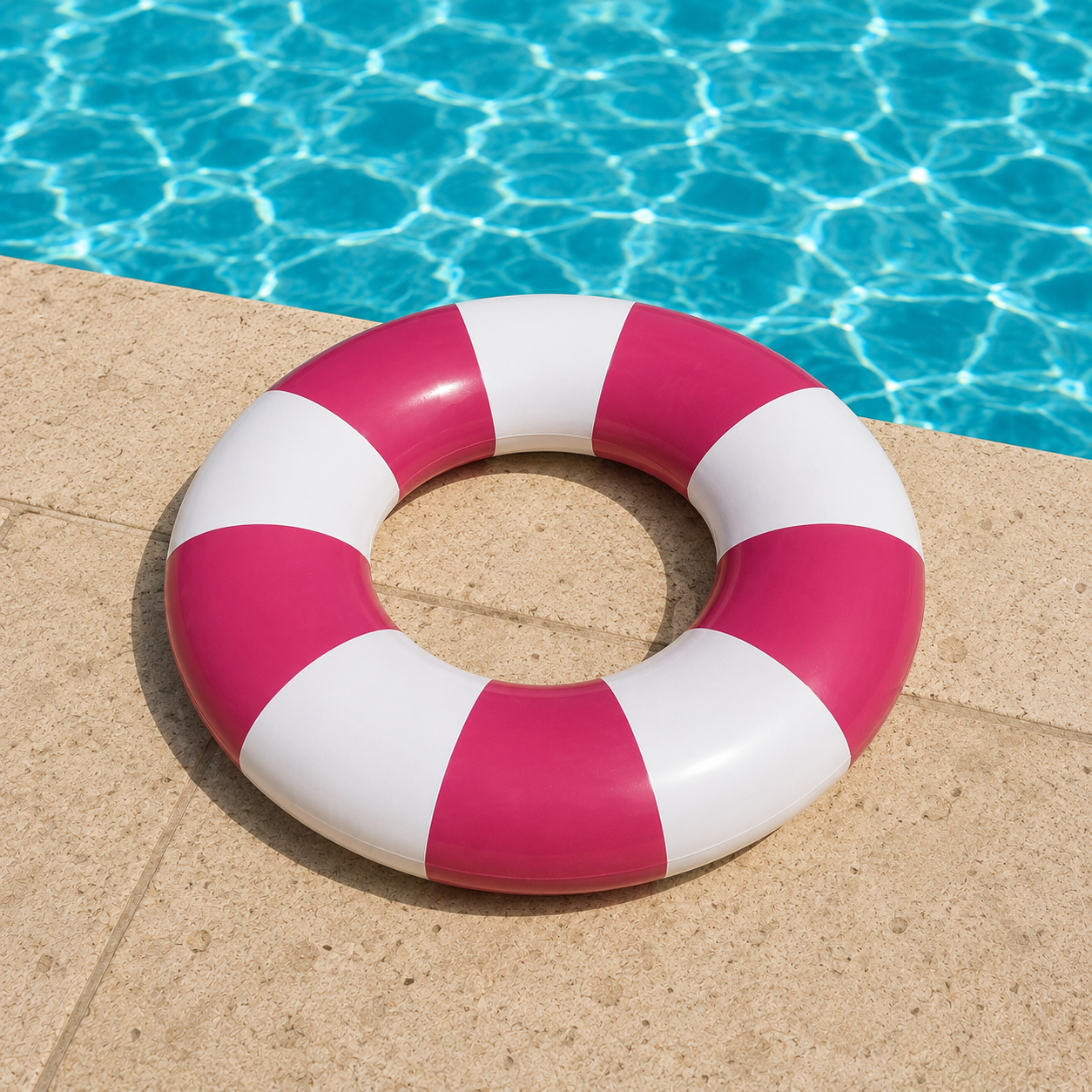 Salvagente gonfiabile a strisce rosa e bianche appoggiato sul bordo di una piscina con acqua azzurra e increspata.