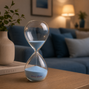 CLESSIDRA DECORATIVA MIU MIU con sabbia azzurra su un tavolino in legno, con divano e pianta sfocati sullo sfondo.