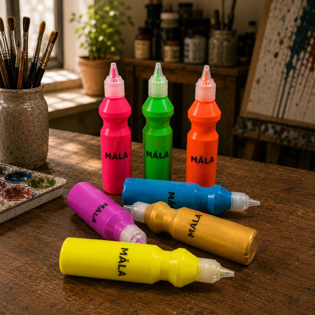 Sei bottiglie di colore acrilico MÅLA in fucsia, verde, arancione, blu, viola e giallo/oro su un tavolo di legno con pennelli e tavolozza.