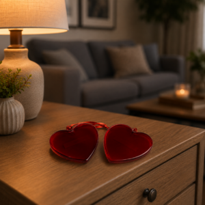 Coppia di cuori decorativi rossi trasparenti in acrilico, appoggiati su un comodino di legno in un ambiente domestico illuminato.