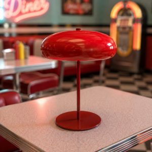 Lampada da tavolo rossa lucida con paralume a fungo e base circolare, posizionata su un tavolo in un ambiente stile diner.