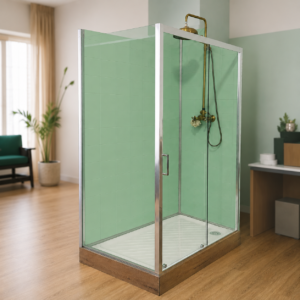 Cabina doccia completa con pareti interne verdi, profili cromati, piatto doccia bianco e rubinetteria in ottone vintage.