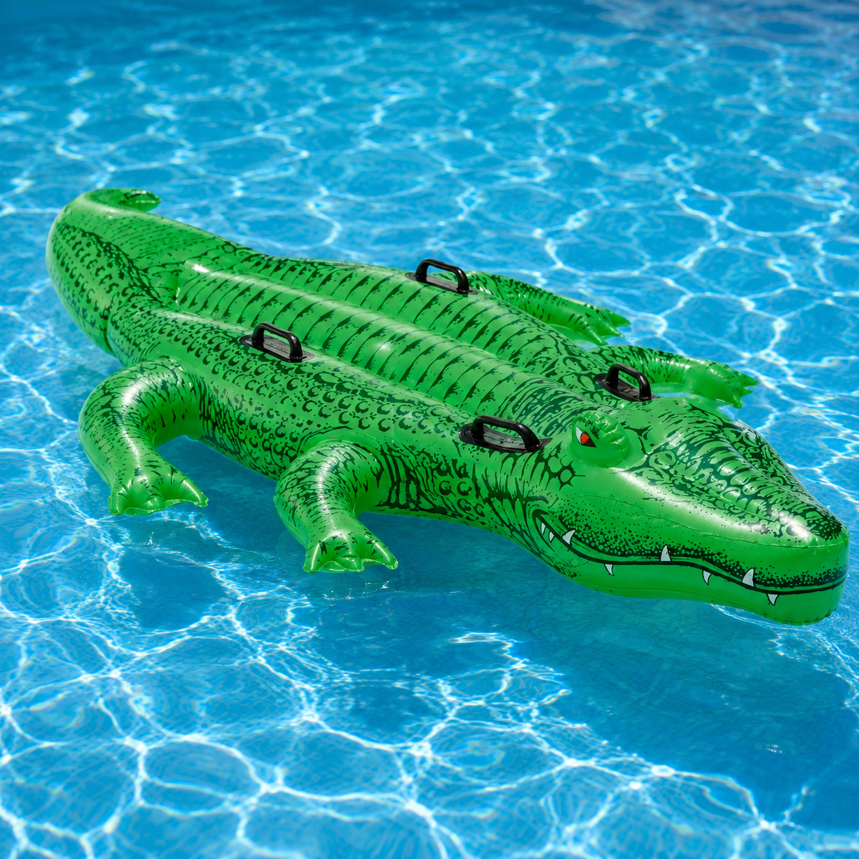 Grande coccodrillo gonfiabile verde con maniglie nere, galleggiante in una piscina con acqua blu e riflessi solari.