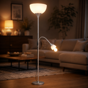 Lampada da terra moderna in metallo spazzolato con diffusore superiore a ciotola e braccio flessibile per luce di lettura, accesa in un ambiente domestico.
