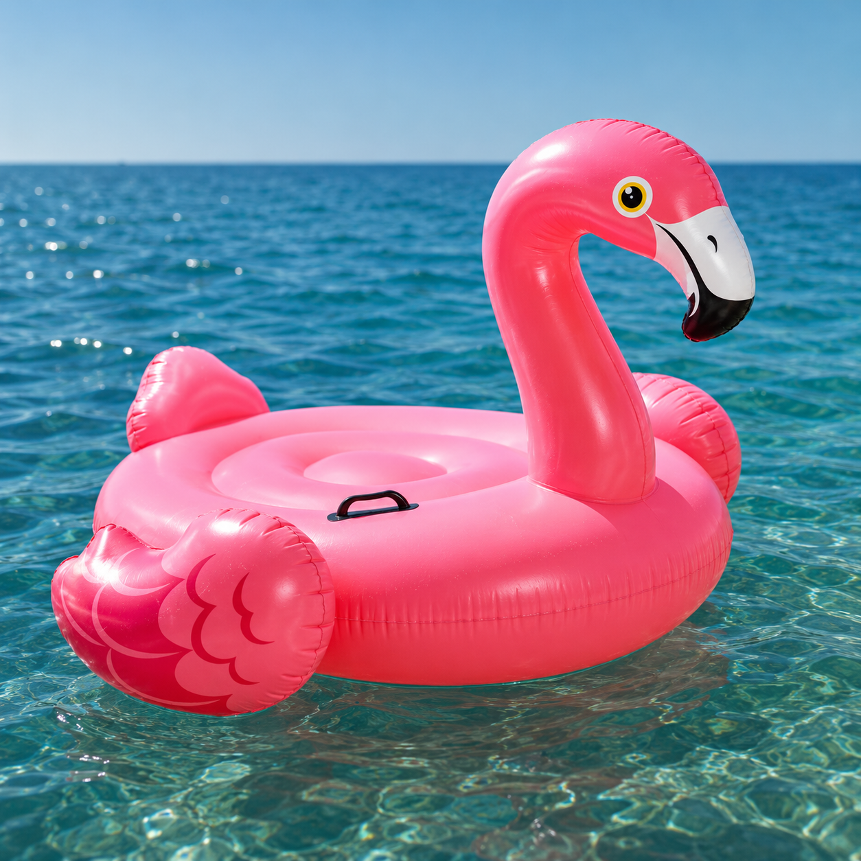 Gonfiabile rosa a forma di fenicottero gigante che galleggia su acqua cristallina sotto un cielo azzurro.