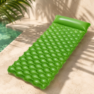 Materassino gonfiabile verde brillante con superficie a bolle e cuscino, posizionato su bordo piscina in pietra.