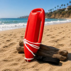 Tubo di salvataggio rosso con corda bianca e cinghia nera appoggiato su un tronco di legno sulla sabbia di una spiaggia assolata.