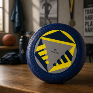 Frisbee blu scuro con design geometrico giallo e grigio e logo Tribord, appoggiato su un tavolo di legno.