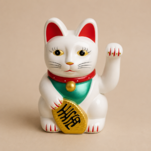 Statuetta Maneki-neko bianca lucida con dettagli rossi, verdi e oro, zampa destra alzata e moneta dorata.