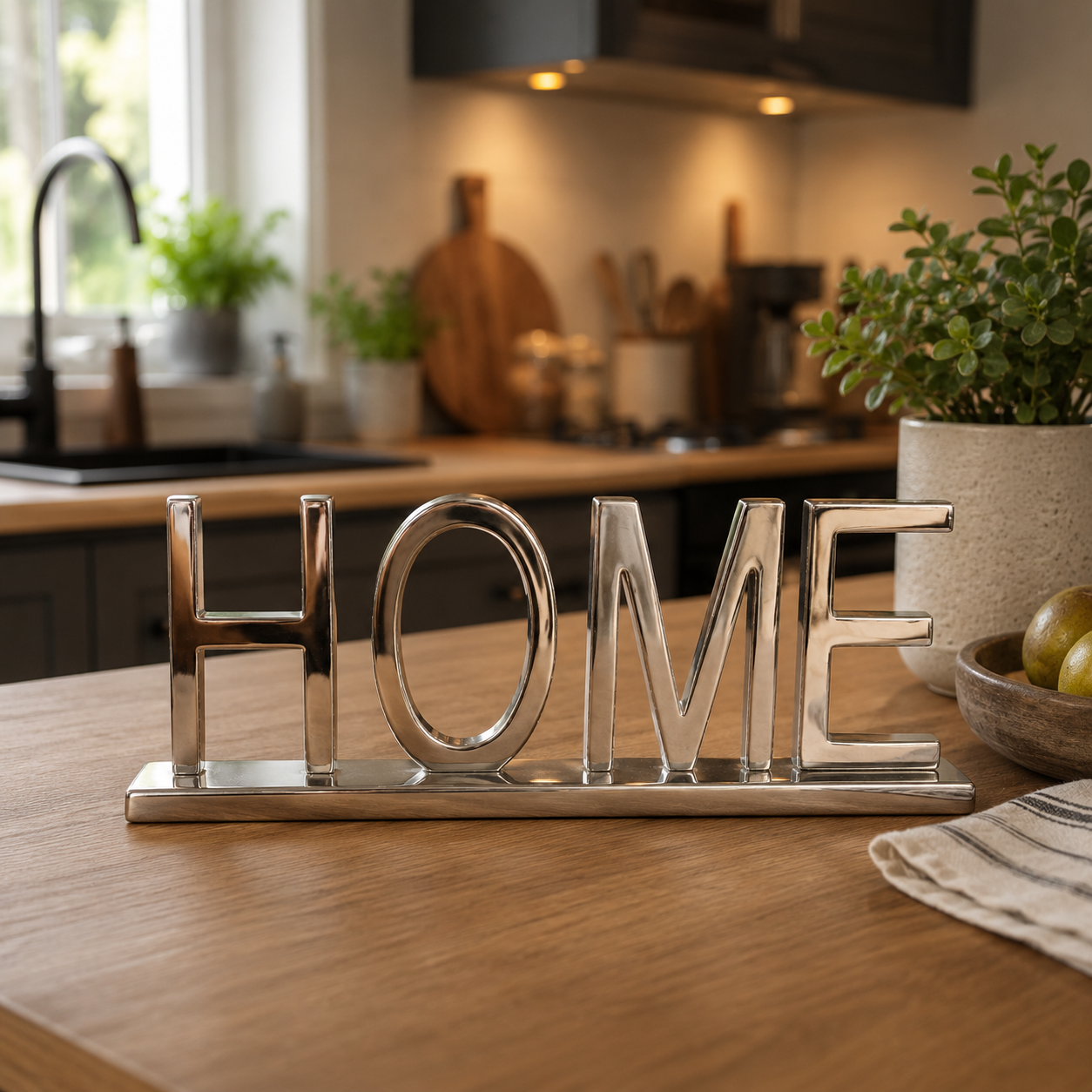 Insegna decorativa "HOME" in metallo cromato lucido su un ripiano in legno, con una cucina moderna sfocata sullo sfondo.