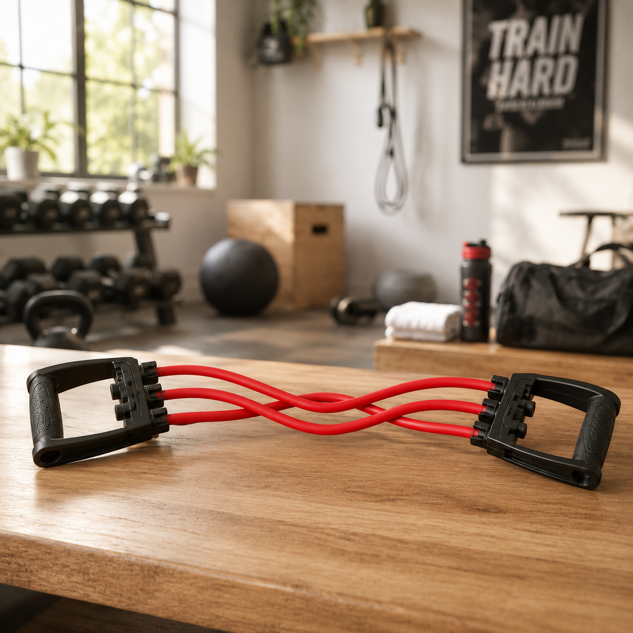 Espansore elastico fitness rosso con maniglie nere su un tavolo di legno, con una palestra sfocata sullo sfondo.