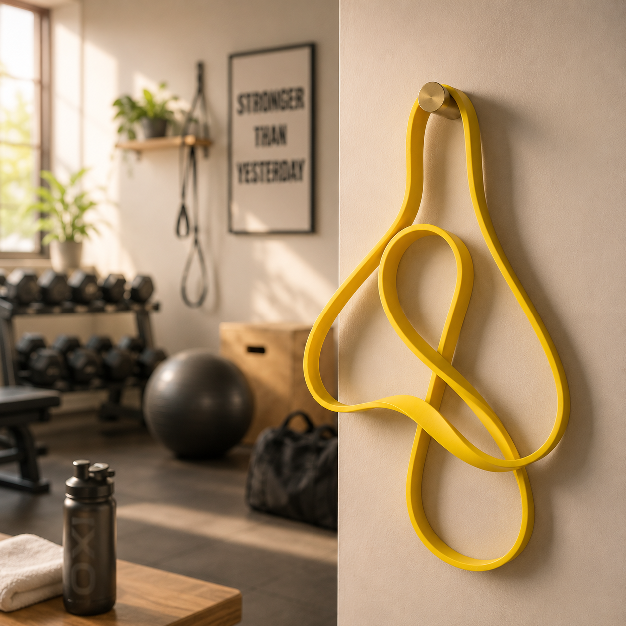 Elastico di resistenza giallo brillante appeso a un gancio dorato su una parete chiara, con una palestra sfocata sullo sfondo.