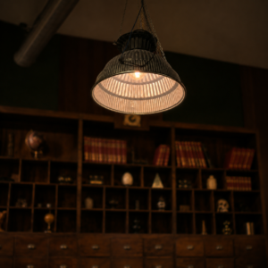 Lampada a sospensione industriale vintage illuminata, con paralume a campana in metallo nervato, appesa in un ambiente scuro con libreria.